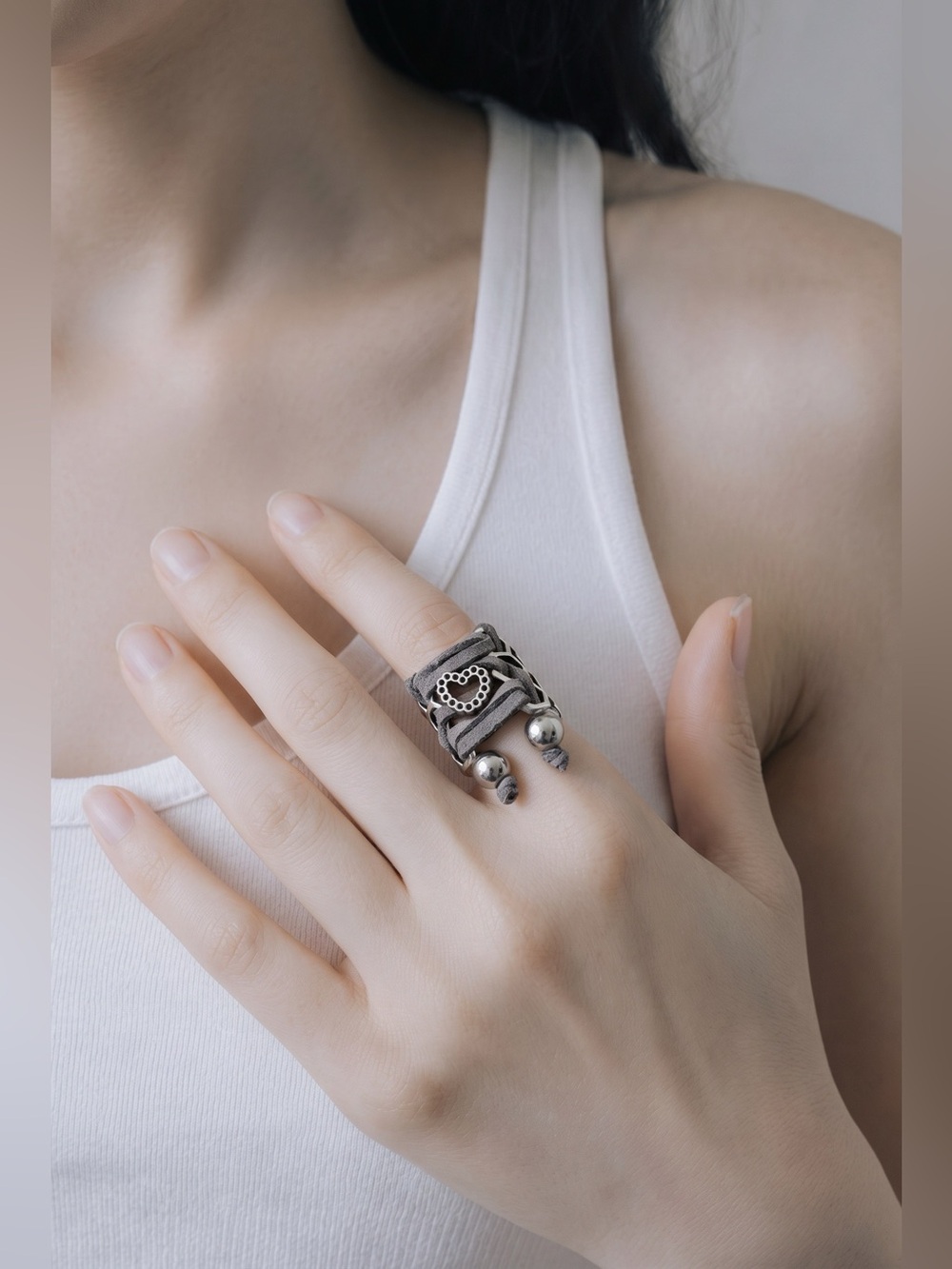 Purchased in Italy Handcrafted Silver Honeycomb Heart Bead Leather Wrap Ring